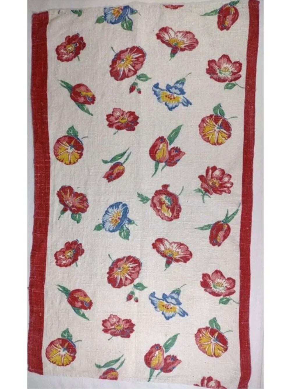 Vtg Floral Linen Rustic Weave Tea Towel 16